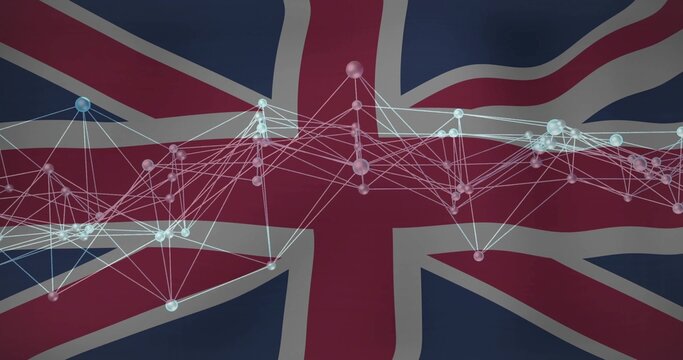 Floating translucent spheres and glowing lines over digital Union Jack background, data graph
