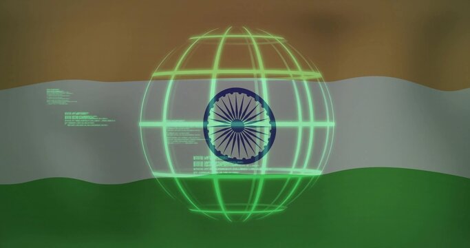 Naklejki Spinning neon green wireframe globe over flag backdrop showing blue Ashoka Chakra code snippets
