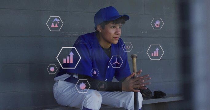 Sitting female baseball player holding wooden bat on dugout bench with floating hexagonal icons