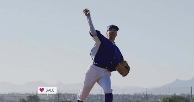 Pitching lone baseball player releasing baseball on field under clear sky, with leather glove