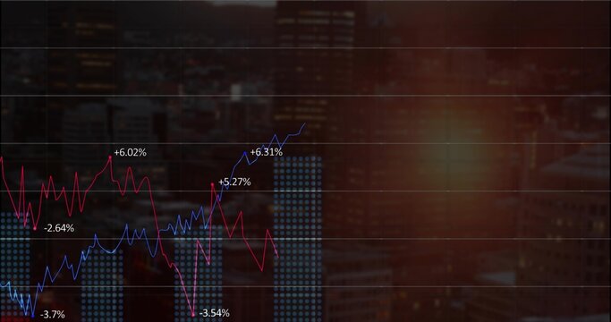Displaying digital finance chart overlaying night skyline, with red blue line plots and bar chart