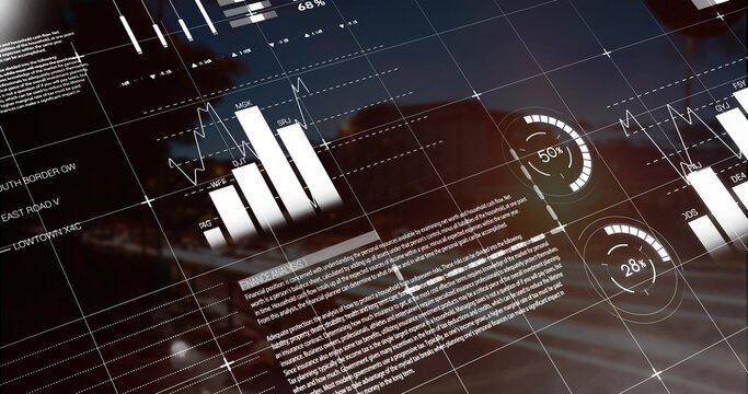 Displaying overlay over city street with bar and line charts, progress indicators and text blocks