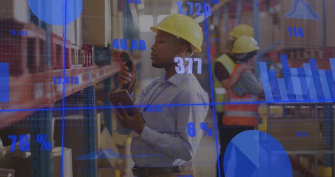 Using barcode scanner, worker wearing hard hat scanning box in warehouse aisle, with analytics - Powered by Adobe
