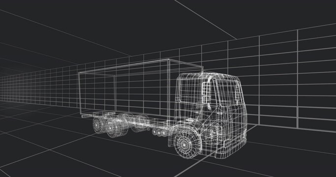 Fototapeta Floating wireframe cargo truck model occupying 3D workspace, with grid floor, walls and ceiling