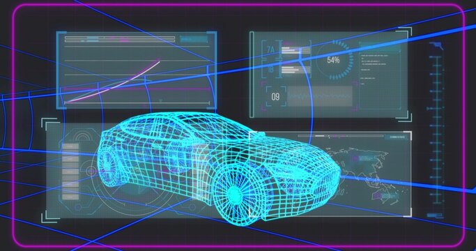 Fototapeta Displaying neon blue wireframe sports car in futuristic virtual interface, with holographic panels