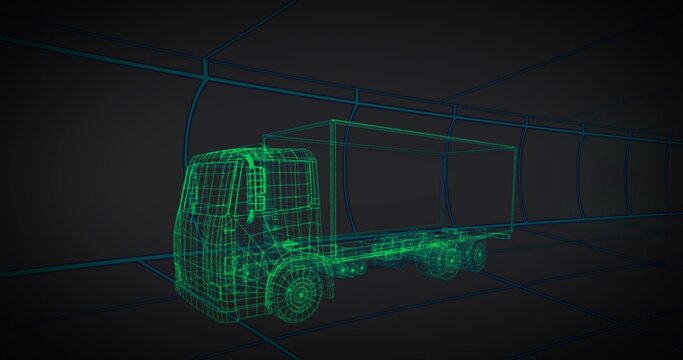 Fototapeta Displaying 3D wireframe cargo truck glowing green inside blue grid-lined round tunnel, neon scene