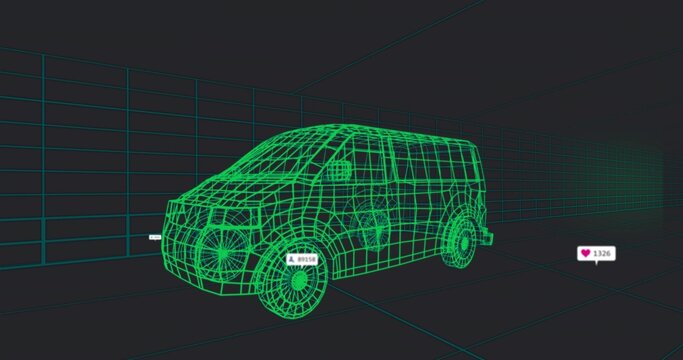 Displaying wireframe van rotating in grid studio showing number tags on wheels and heart icon
