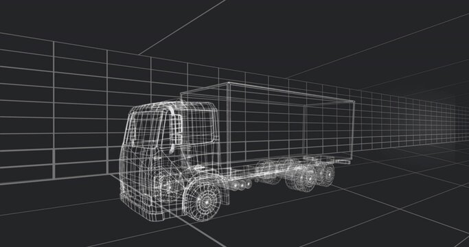 Fototapeta Displaying wireframe box truck model in 3D modeling workspace, showing grid floor walls ceiling