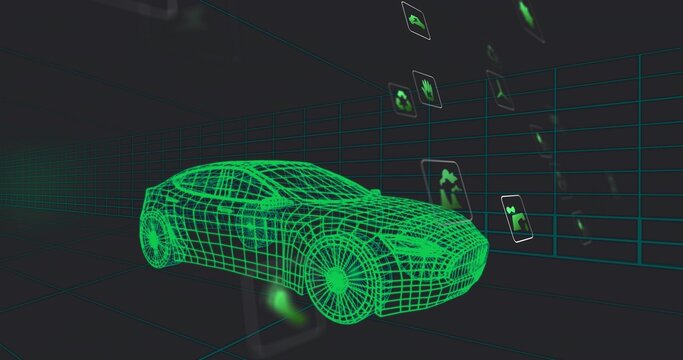 Fototapeta Displaying neon green wireframe sports car in virtual 3D space, with grid planes and floating icons