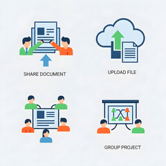 Business collaboration and document management icons showing sharing, uploading, and group project work.