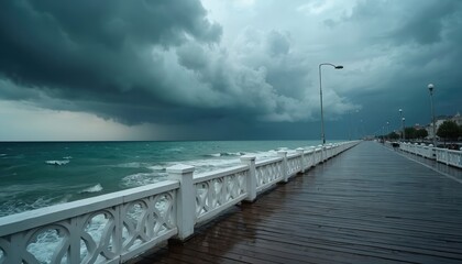 Long wooden pier with white decorative railing stretches along rough sea water. Dark thunderclouds fill vast sky above crashing waves. Wet promenade bright street lamps visible. Distant coastal city