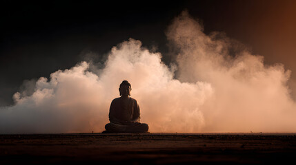 Buddha statue in meditation with dramatic clouds and warm light