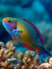 A highly detailed vibrant parrotfish with multicolored scales swims gracefully in a clear tropical coral reef