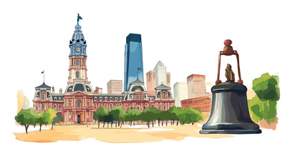 Independence Hall and Liberty Bell. Independence Hall and Liberty Bell hand drawn watercolor illustration