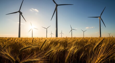 Wind Turbines in Golden Wheat Field at Sunset
