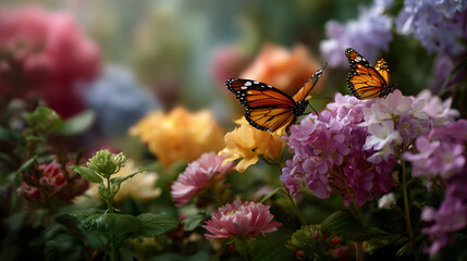 Monarch butterflies gracefully land on vibrant pink and purple hydrangea flowers
