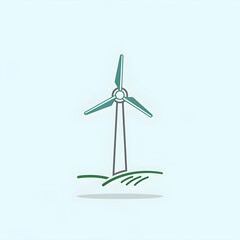 A minimalist illustration of a wind turbine standing tall on a grassy field under a light blue sky.