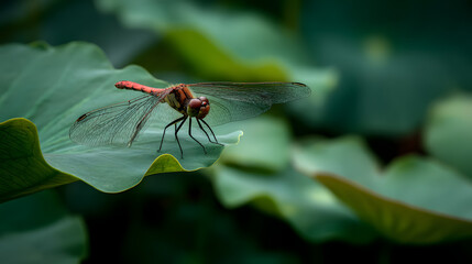Vibrant dragonfly perched on a lush green lotus leaf in natural habitat