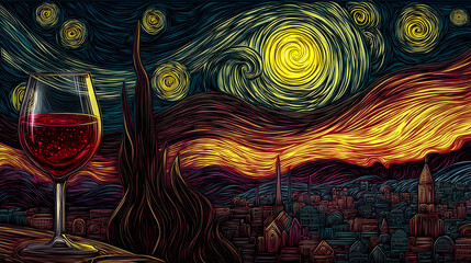 Artistic glass of red wine in a surreal, starry night cityscape with swirling sky and glowing lights, digitally illustrated
