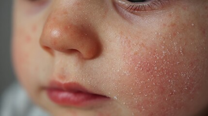 Fototapeta premium Child's face showing severe eczema, scaling dry skin, and red rash, revealing symptoms of atopic dermatitis and allergic irritation