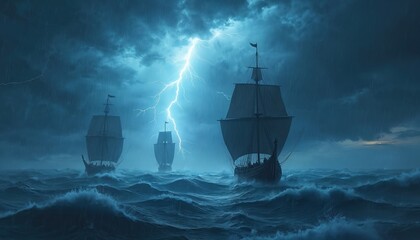 Obraz premium Viking ships sail on stormy ocean at night. Old wooden boats navigate rough sea waves under dark sky. Bright lightning bolt strikes during thunderstorm. Epic naval journey of exploration, fantasy