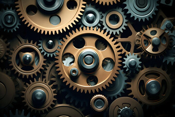 Intricate arrangement of metal gears showcasing engineering design and mechanical precision in a workshop setting