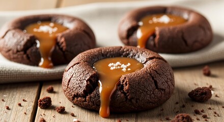 Delicious homemade chocolate caramel thumbprint cookies on a rustic wooden table, a tempting treat for any sweet tooth