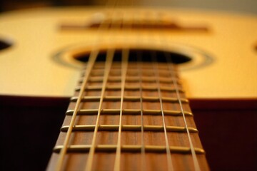 Fototapeta premium Close up of a Detailed Guitar Fretboard with Amplifiers in Background Macro view of a wooden guitar fretboard with steel strings and frets. In the softly blurred background, a vintage tube guitar