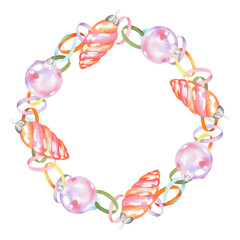 Wreath of paper garland and christmas toys. Watercolor illustration. For fabric, wallpaper, packing paper, greeting cards, design, decoration and illustration.