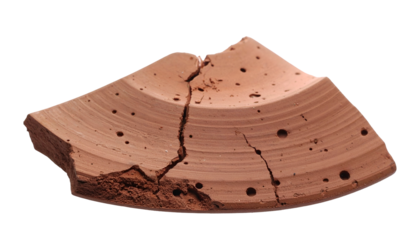 Broken terracotta pottery fragment with radial pattern, isolated