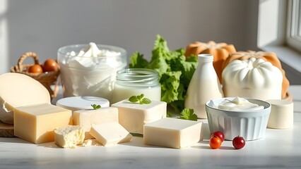 Fresh dairy products neatly arranged on a clean surface, bathed in soft natural light.