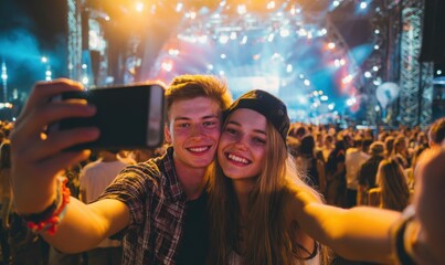 Young couple captures joyful moment at outdoor concert event