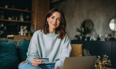 Young woman shopping online at home during the day