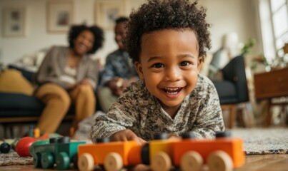 Happy child playing with toy train in cozy living room