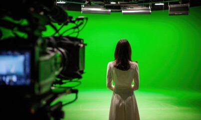 Presenter stands in front of green screen for broadcast preparation