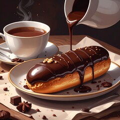 Dessert scene with pastry, chocolate sauce, and warm beverage