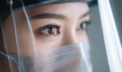 Close-up of a woman wearing protective gear in a health setting