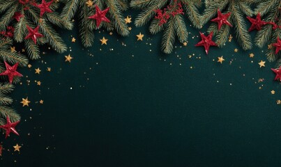Colorful holiday decorations with stars and evergreen branches
