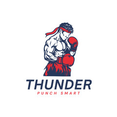 Powerful boxer in fighting stance with red gloves and headband ready for action, embodying strength and determination.