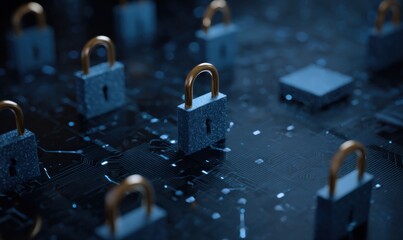 Digital locks on a circuit board symbolize cybersecurity