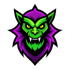 Fierce green werewolf mascot head with purple mane