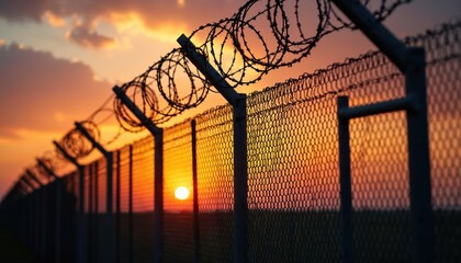 Barbed wire fence surrounds area against sunset. Metallic barrier restricts passage. Symbol of incarceration. Security concept for prison. Boundary separates from freedom. Law enforcement controls