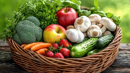 Wicker Basket Filled with Fresh Fruits and Vegetables