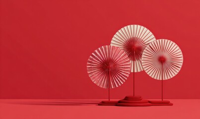 Decorative red and white fans arranged on a vibrant background
