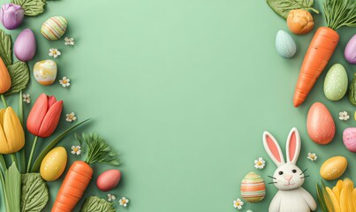 Colorful Easter decorations with eggs and flowers on green background