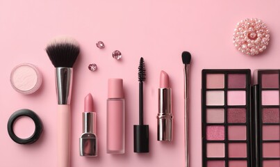 Beauty products arranged on pink background showcasing vibrant colors