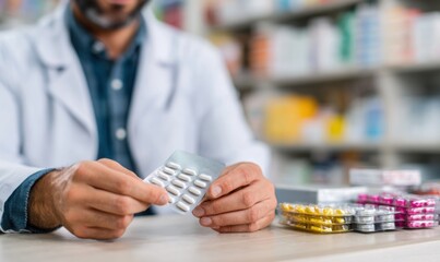 Pharmacist examining medication pack in a modern pharmacy setting