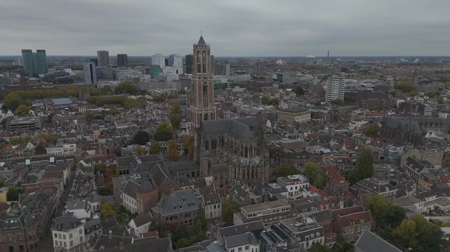 Drone Orbit Around the Dom Tower and Dom Church in Utrecht, Netherlands