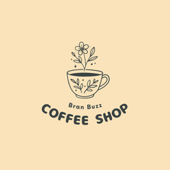 Charming coffee shop logo with a blooming flower emerging from a cup, perfect for branding artisanal cafes and cozy beverage businesses