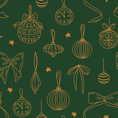 Holiday seamless pattern with Christmas ornaments, balls, bows, and stars on a dark green background. Whimsical doodle vector illustrations.